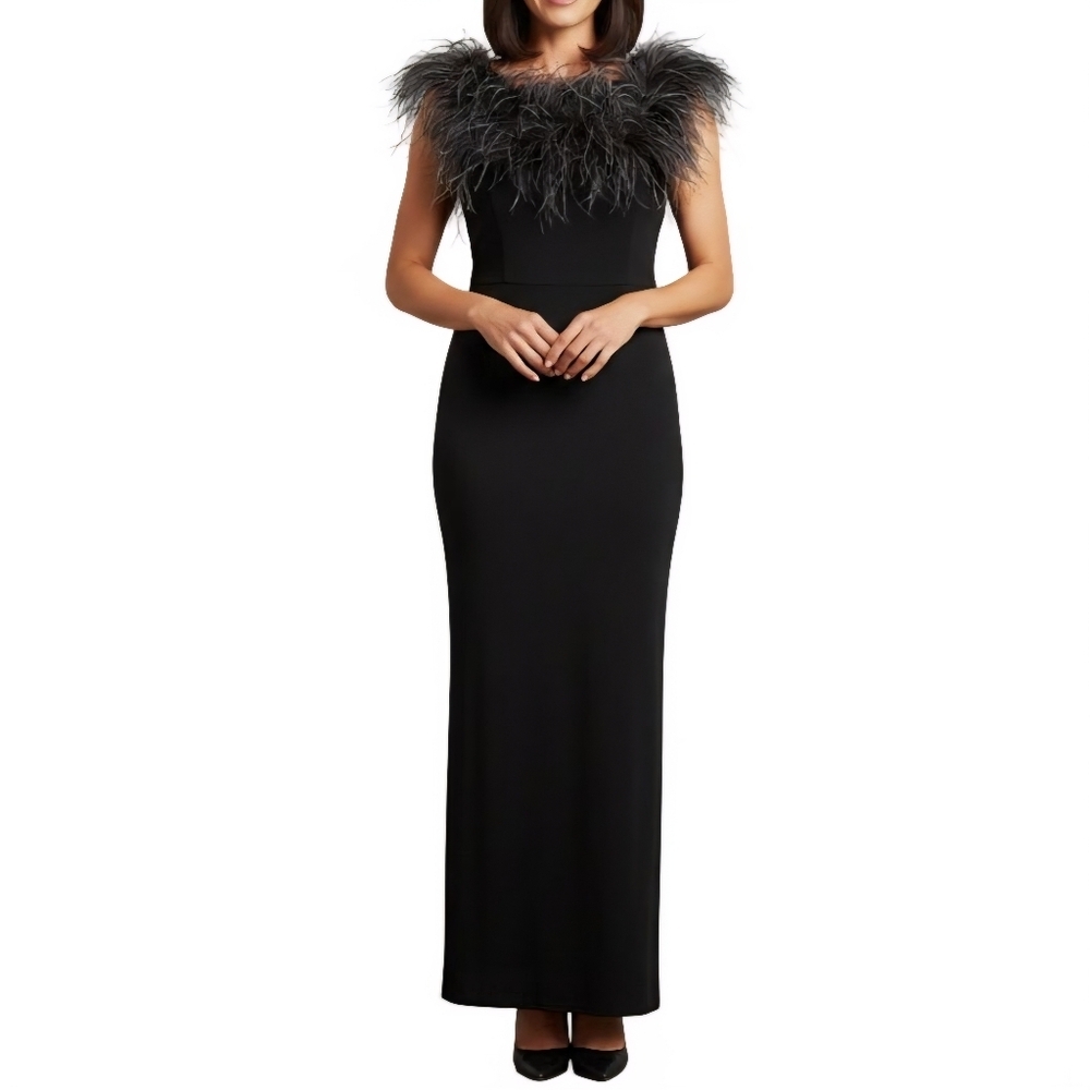 Vintage Patra Black Velvet Ostrich Feather Maxi Dress Size 8